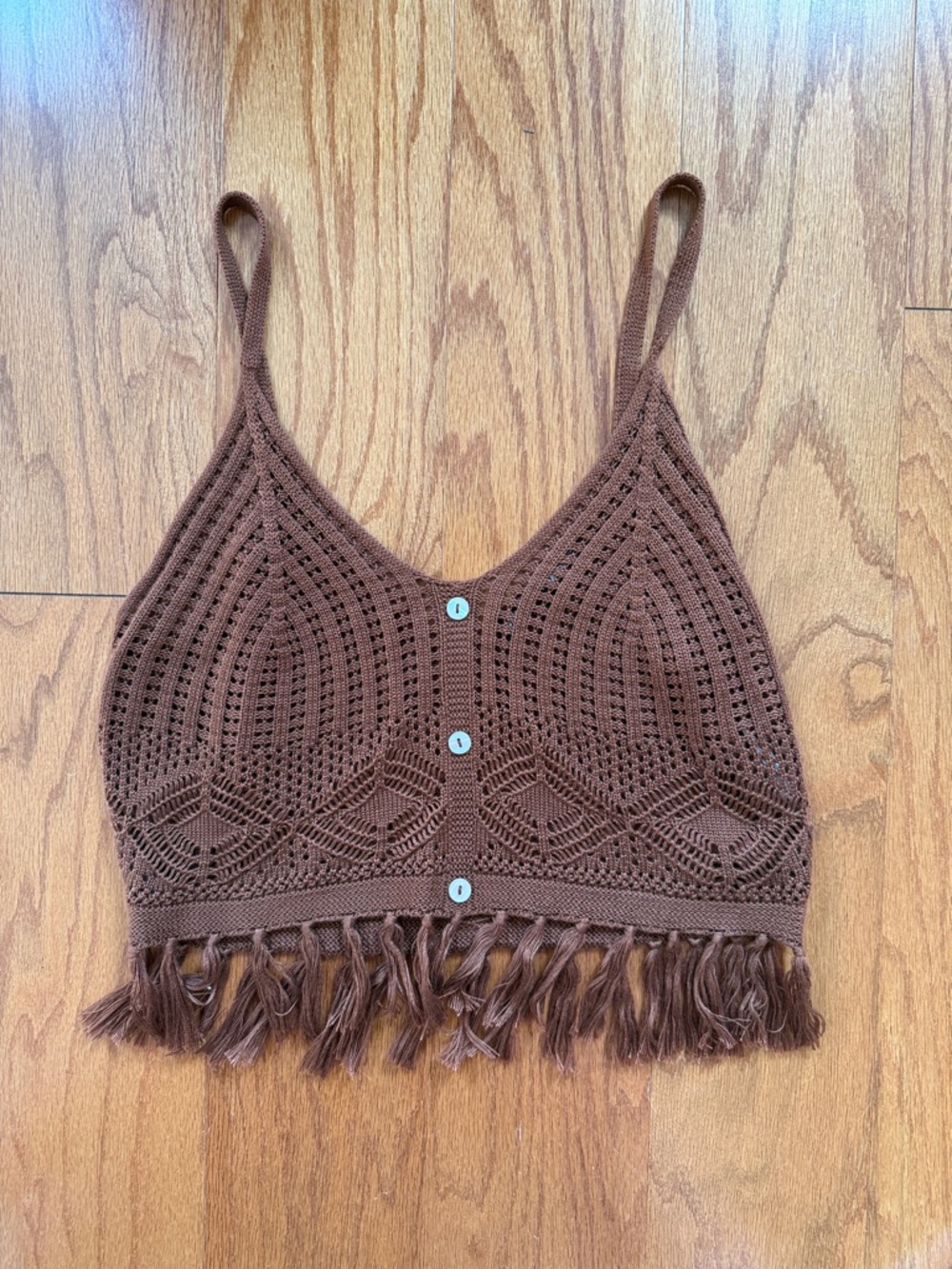 Almost Famous Brown Crochet Fringe Crop Top